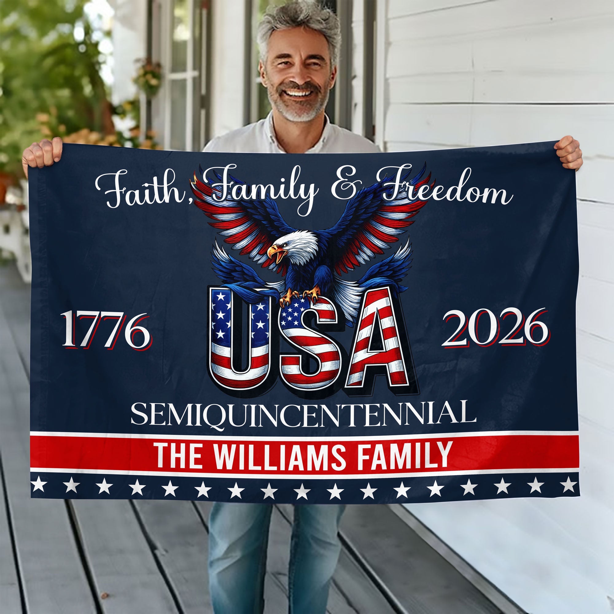 Custom Family Name Faith, Family & Freedom 250 Years of America Patriotic Banner House Flag LM32 897717
