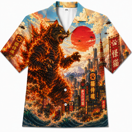 Burning Kaiju Cat Japanese Hawaiian Shirt