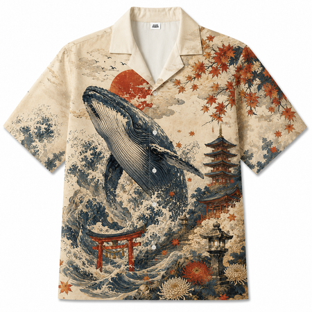 Japanese Whale Ocean Temple Hawaiian Shirt