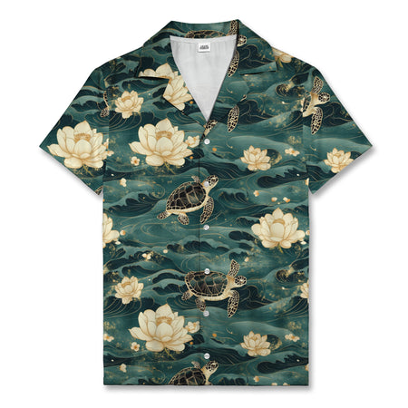 Sea Turtle Lotus Hawaiian Shirt Japanese Ocean Waves Aloha Shirt
