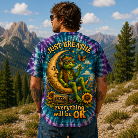Just Breathe Crescent Moon Frog All Over Print T-Shirt