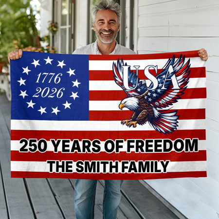 Custom Family Name 250 Years Of Freedom Eagle Patriotic 1776–2026 Banner House Flag HA75 898796