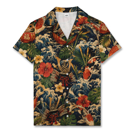 Japanese Samurai Koi Hawaiian Shirt Ocean Waves Aloha Shirt
