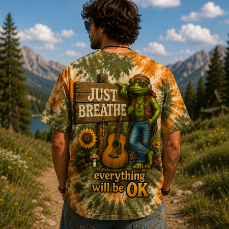 Just Breathe Hippie Frog & Rustic Guitar All Over Print T-Shirt