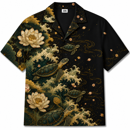 Japanese Sea Turtle Lotus Wave Hawaiian Shirt