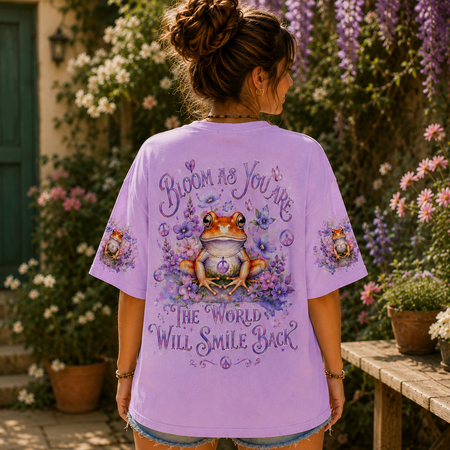 Bloom As You Are Purple Floral Frog All Over Print T-Shirt