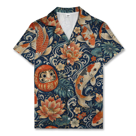 Japanese Koi Daruma Hawaiian Shirt Floral Ocean Waves Aloha Shirt