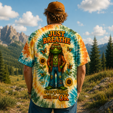 Just Breathe Everything Will Be OK Hippie Frog All Over Print T-Shirt