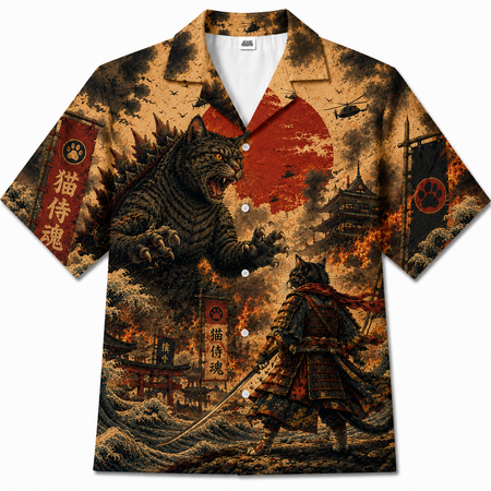 Kaiju Cat Samurai Japanese Hawaiian Shirt