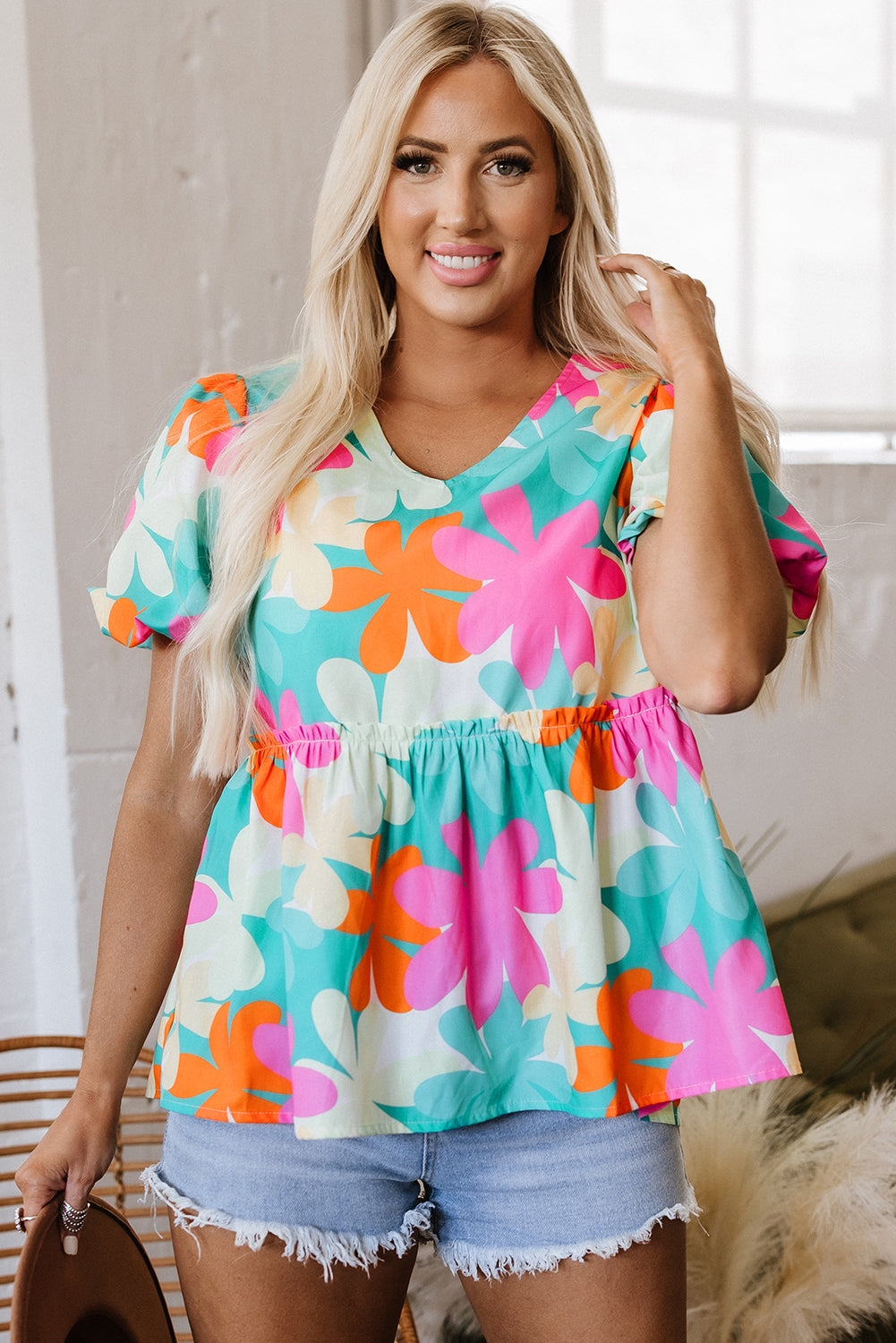 Kathryn Bubble Sleeve Peplum Blouse