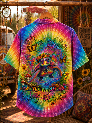 Peace Turtle Tie Dye Hawaiian Shirt Back Flat Lay