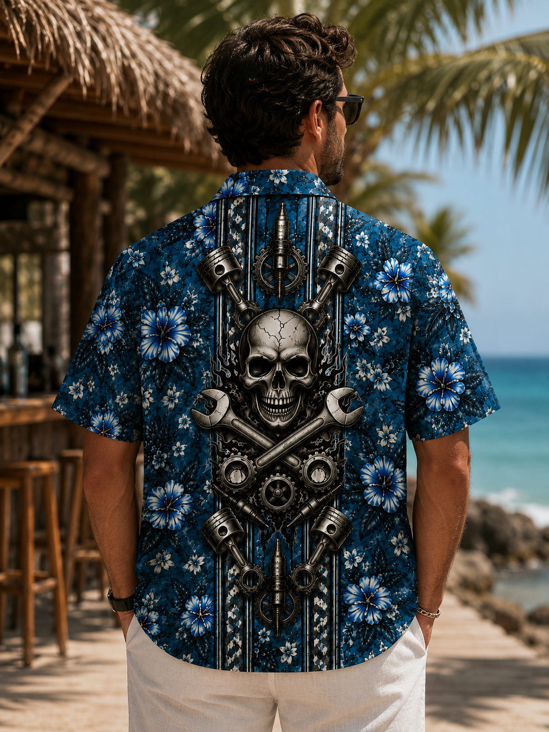 Custom Crossed Wrenches Skull Hawaiian Shirt Back Flat Lay