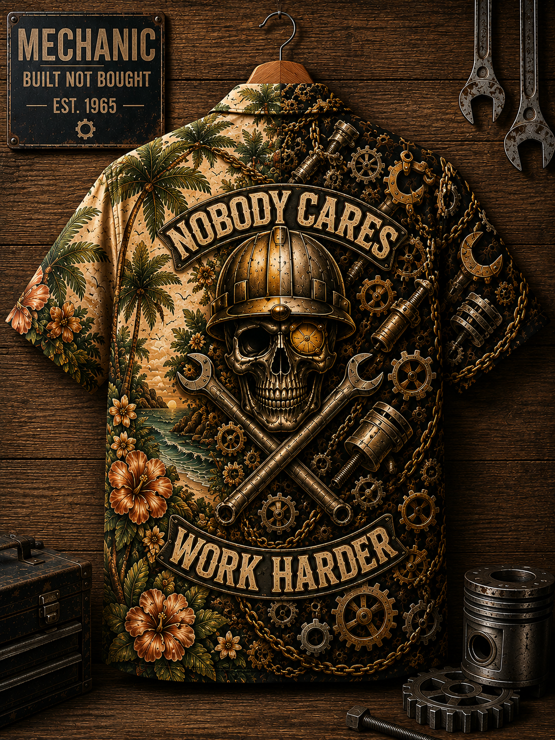 Hard Hat Skull Hawaiian Shirt Back Flat Lay