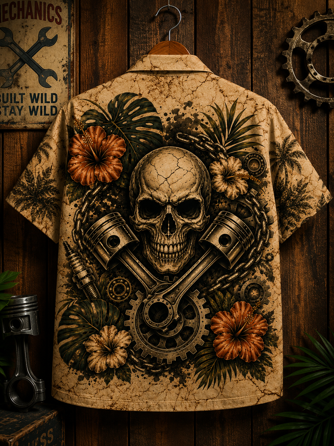 Mechanic Skull Hawaiian Shirt Back Flat Lay