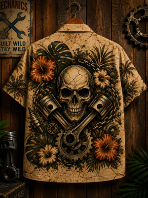 Mechanic Skull Hawaiian Shirt Back Flat Lay