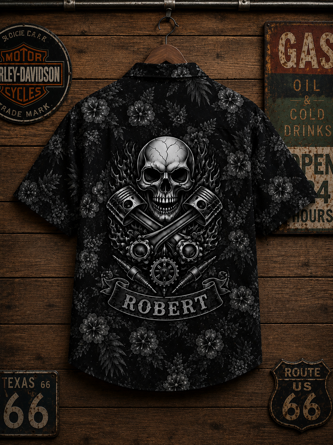 Custom Mechanic Skull Hawaiian Shirt Back Flat Lay