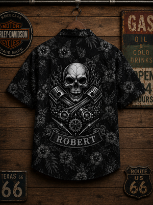 Custom Mechanic Skull Hawaiian Shirt Back Flat Lay