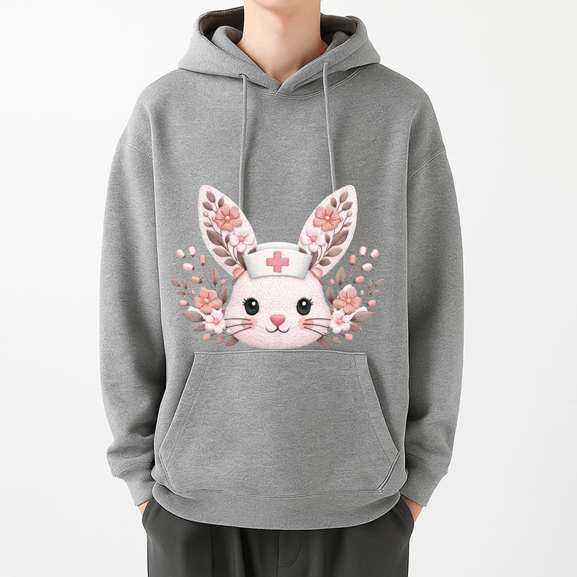 Floral Bunny Embroidery Hoodie