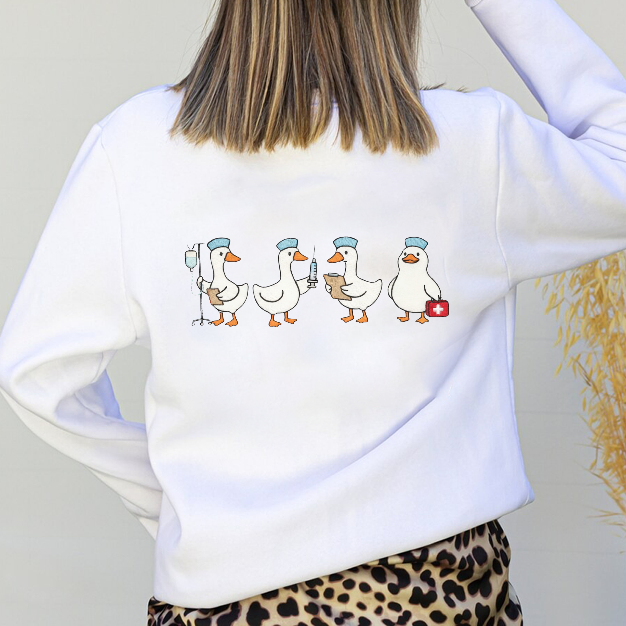 Funny Nurse Goose Embroidery Sweater