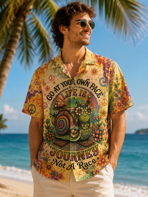 Model Wearing Boho Hippie Snail Hawaiian Shirt Front View