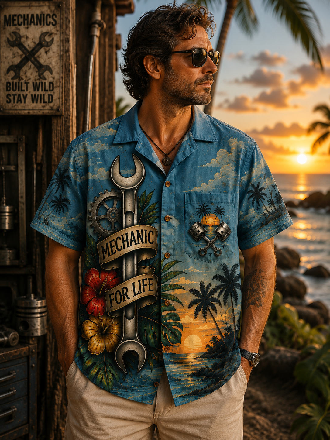 Man Wearing Mechanic For Life Hawaiian Shirt Front View