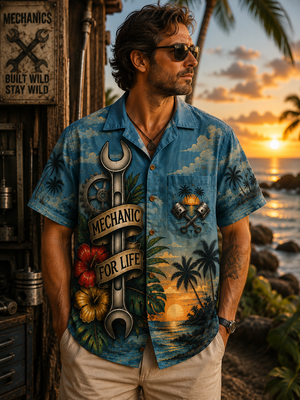 Man Wearing Mechanic For Life Hawaiian Shirt Front View