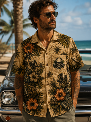 Man Wearing Mechanic Skull Hawaiian Shirt Front View