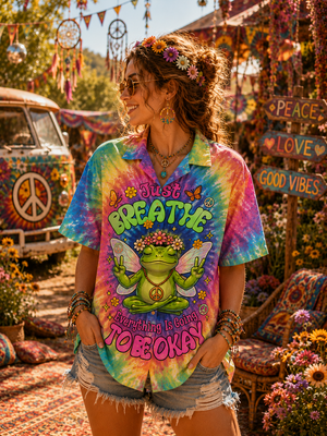 Women Wearing Peace Frog Tie Dye Hawaiian Shirt Front View