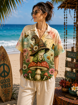 Woman Wearing Frog Wizard Mushroom Hawaiian Shirt