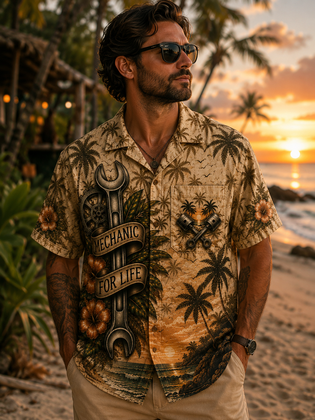 Man Wearing Mechanic Wrench Hawaiian Shirt Front View