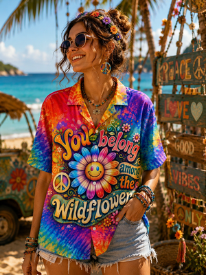 Woman Wearing Wildflower Smile Hippie Hawaiian Shirt Front