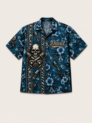 Man Wearing Custom Crossed Wrenches Skull Hawaiian Shirt Front View