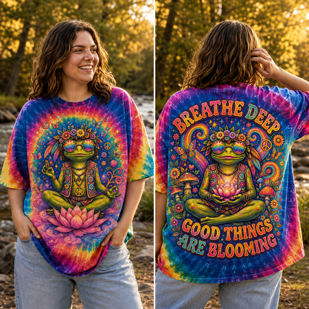 Breathe Deep Good Things Are Blooming Hippie Frog All Over Print T-Shirt