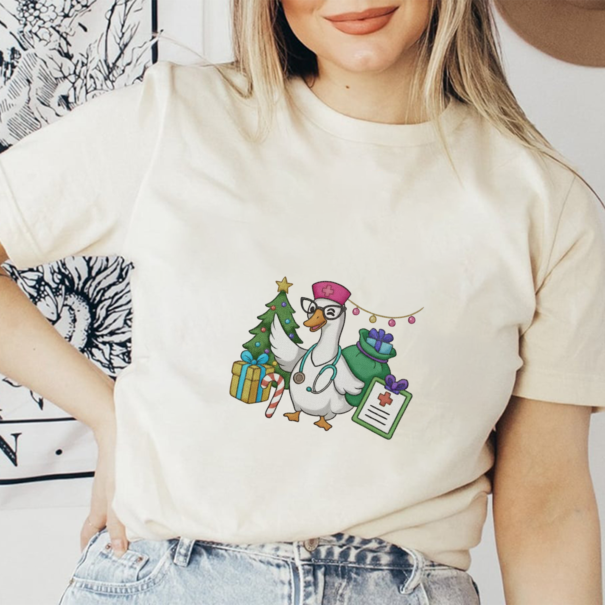 Nurse Christmas Silly Goose Embroidery T-Shirt