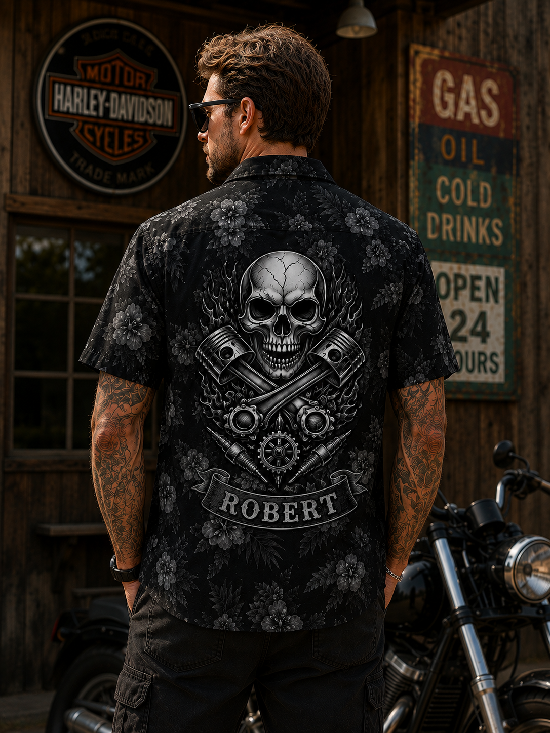 Man Wearing Custom Mechanic Skull Hawaiian Shirt Back View