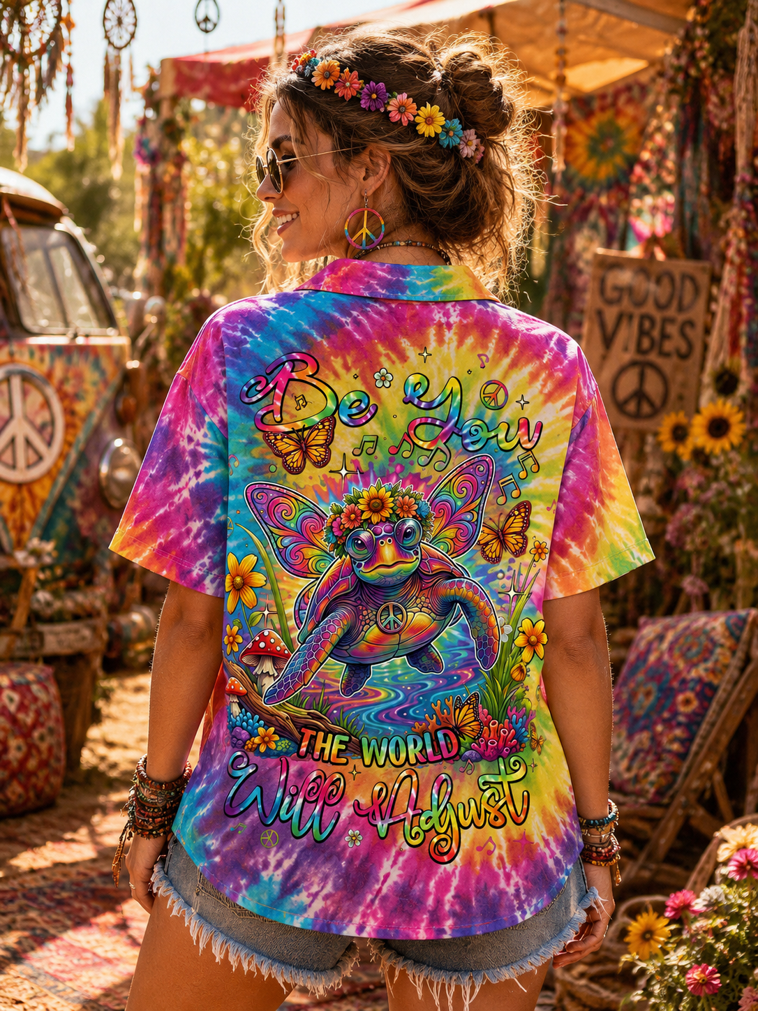 Model Wearing Peace Turtle Tie Dye Hawaiian Shirt Back View