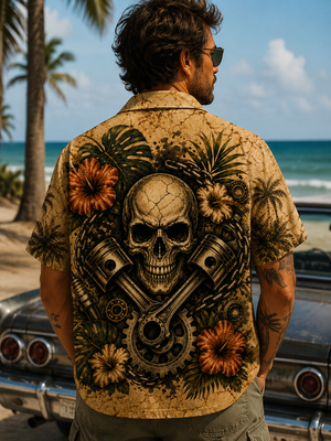 Man Wearing Mechanic Skull Hawaiian Shirt Back View
