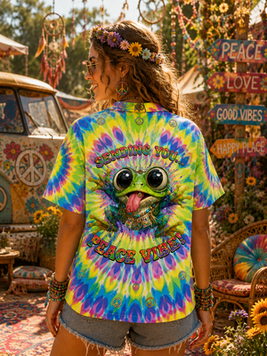 Model Wearing Groovy Peace Frog Hawaiian Shirt Back View