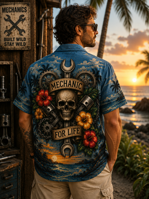 Man Wearing Mechanic For Life Hawaiian Shirt Back View