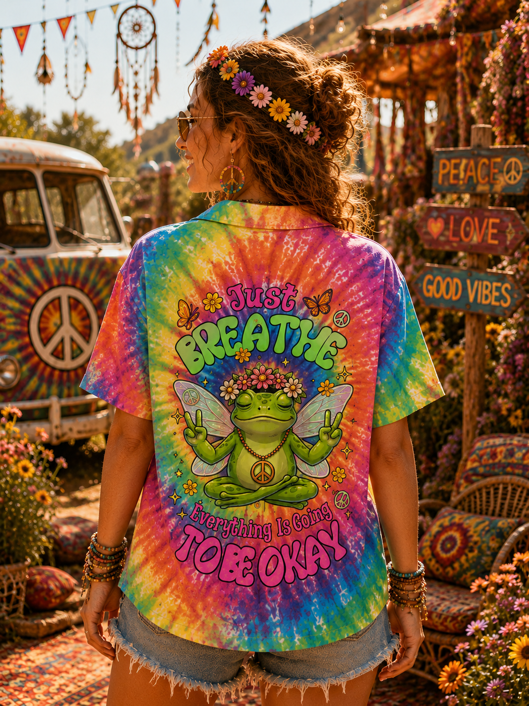 Women Wearing Peace Frog Tie Dye Hawaiian Shirt Back View
