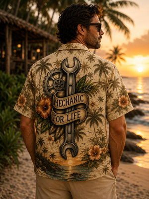 Man Wearing Mechanic Wrench Hawaiian Shirt Back View
