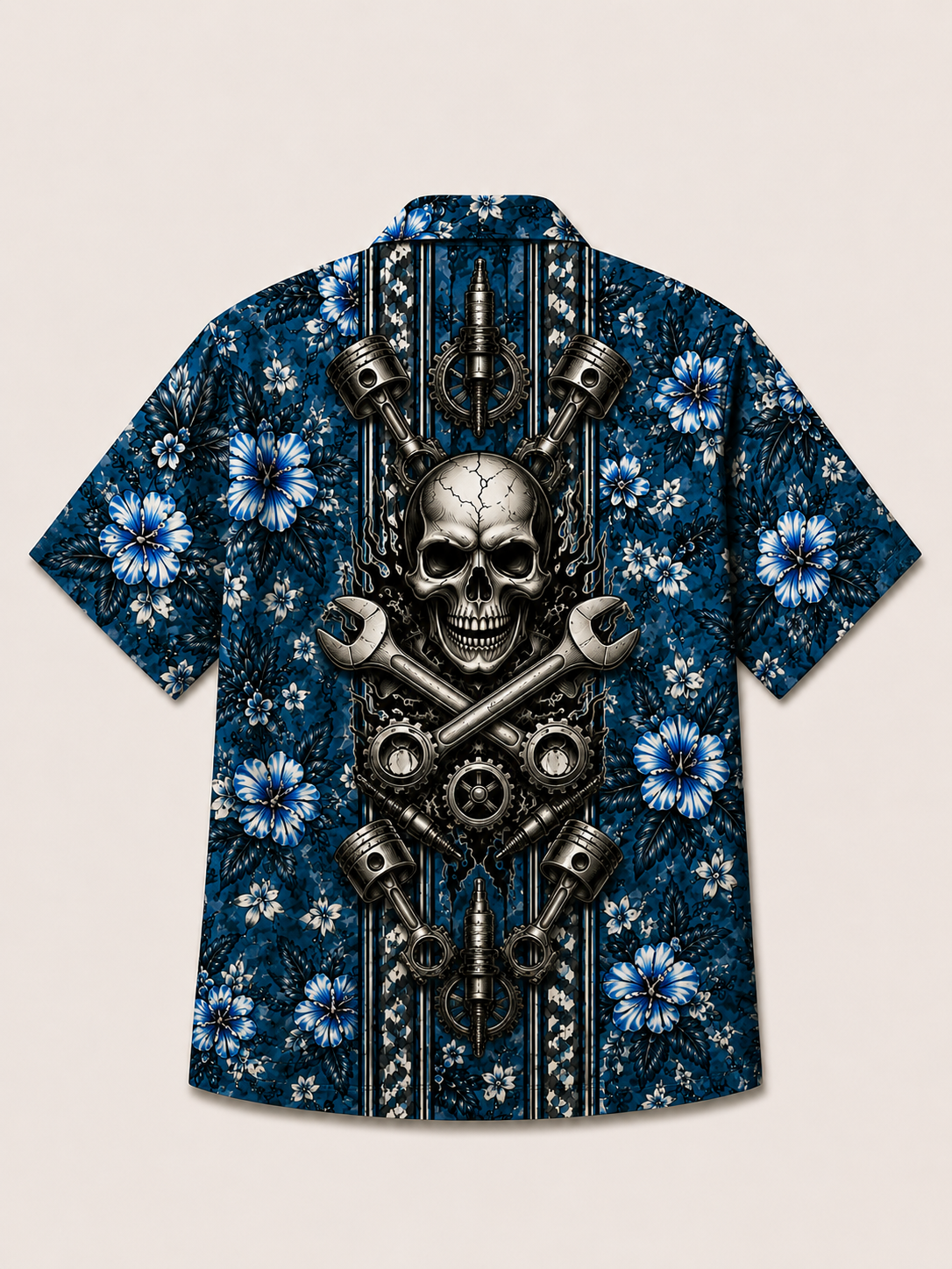 Man Wearing Custom Crossed Wrenches Skull Hawaiian Shirt Back View