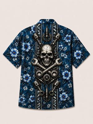Man Wearing Custom Crossed Wrenches Skull Hawaiian Shirt Back View