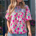 Jade Patchwork Tassel Tie Blouse