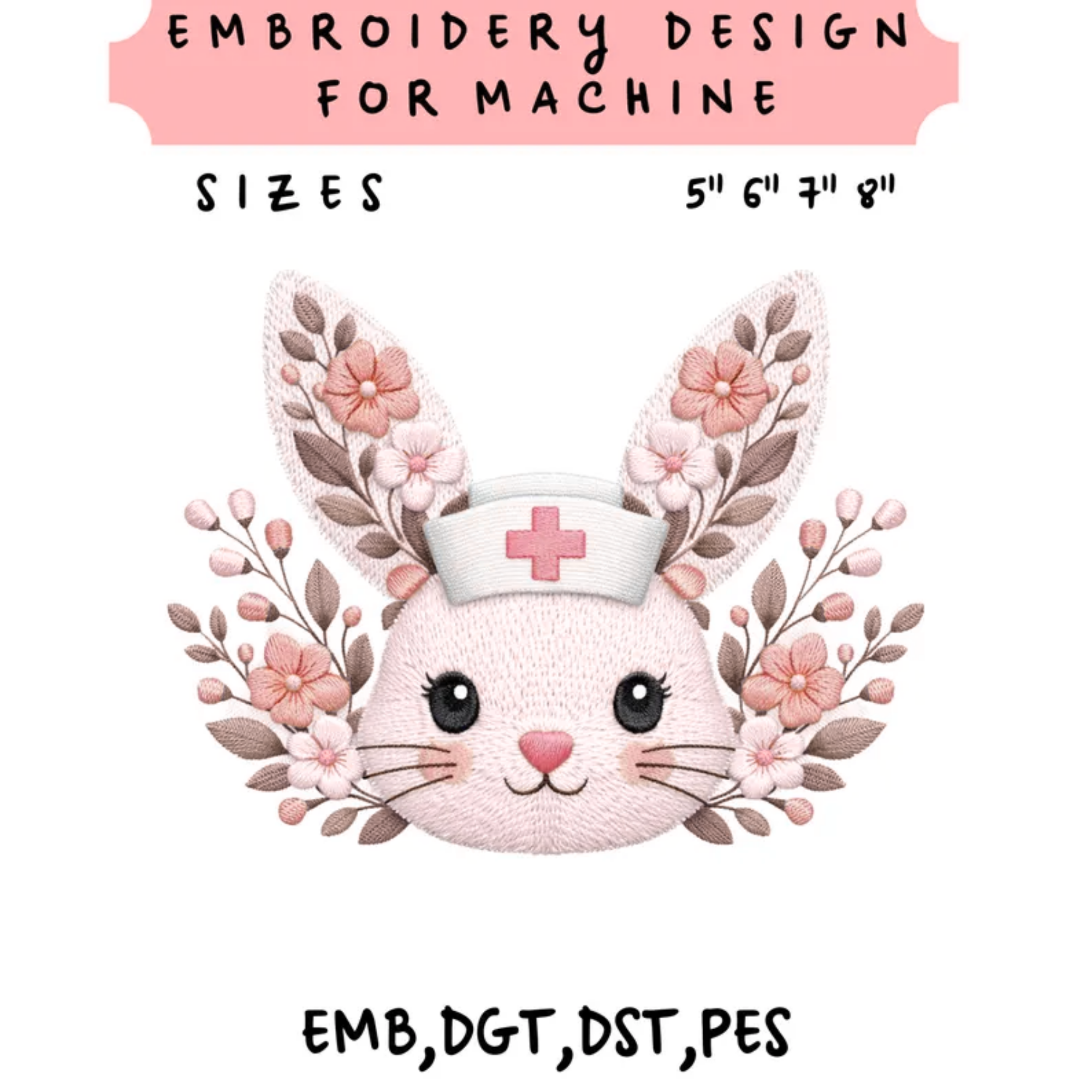 Floral Bunny Embroidery File Pastel Leaf Rabbit Design Spring Easter Animal Machine Stitch Pattern
