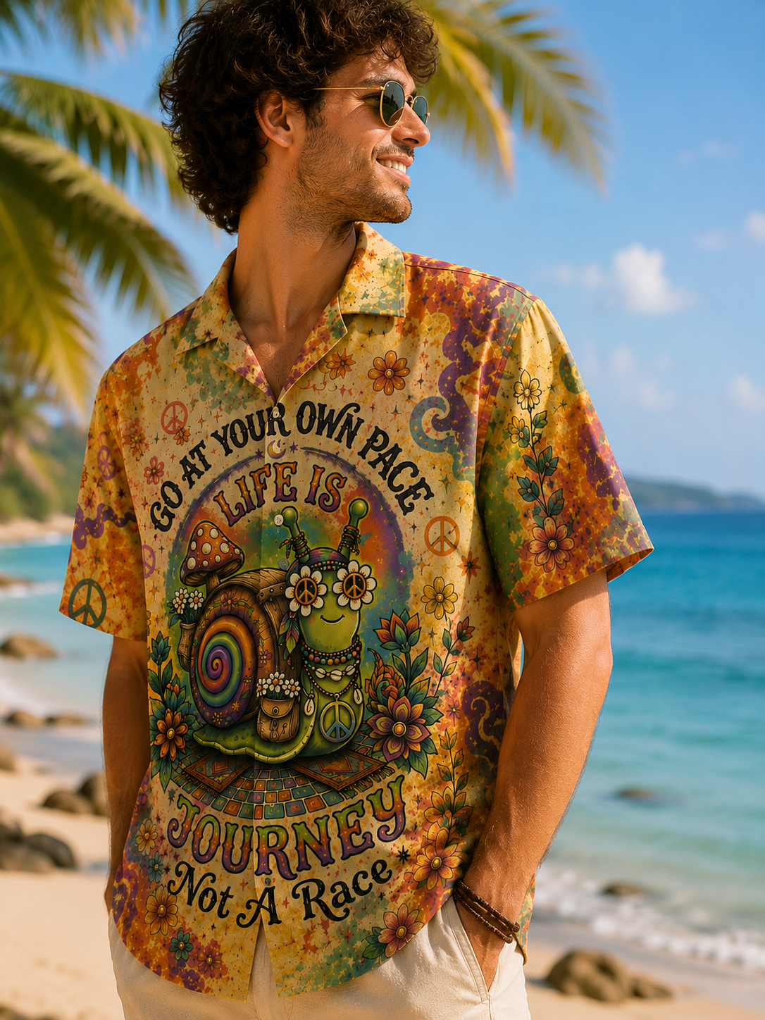 Model Wearing Boho Hippie Snail Hawaiian Shirt Back View 1