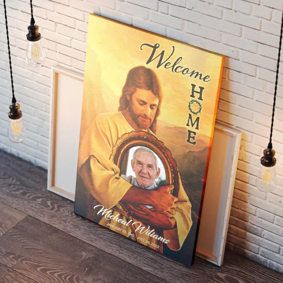 Personalized Canvas Prints, Custom Photo And Name, Memorial Gift, Mom Loss Gift, Father Loss Gift, Welcome Home, Safe In The Arms Of Jesus Dem Canvas