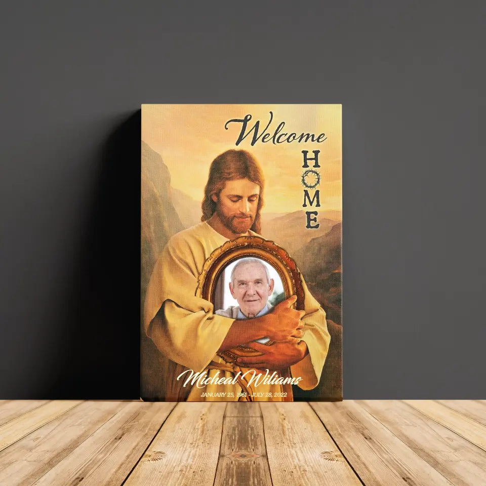 Personalized Canvas Prints, Custom Photo And Name, Memorial Gift, Mom Loss Gift, Father Loss Gift, Welcome Home, Safe In The Arms Of Jesus Dem Canvas