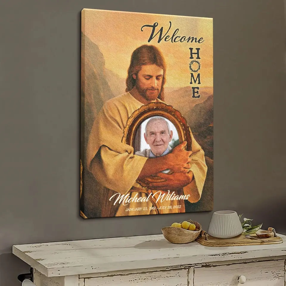Personalized Canvas Prints, Custom Photo And Name, Memorial Gift, Mom Loss Gift, Father Loss Gift, Welcome Home, Safe In The Arms Of Jesus Dem Canvas