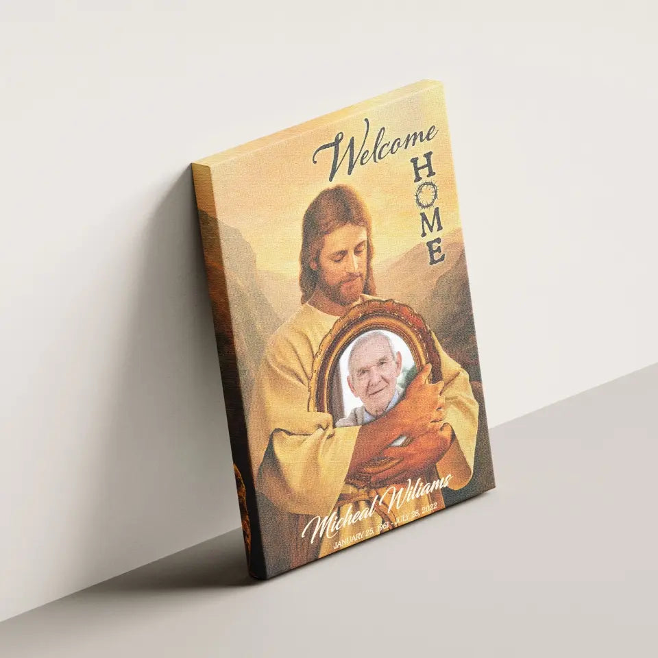 Personalized Canvas Prints, Custom Photo And Name, Memorial Gift, Mom Loss Gift, Father Loss Gift, Welcome Home, Safe In The Arms Of Jesus Dem Canvas